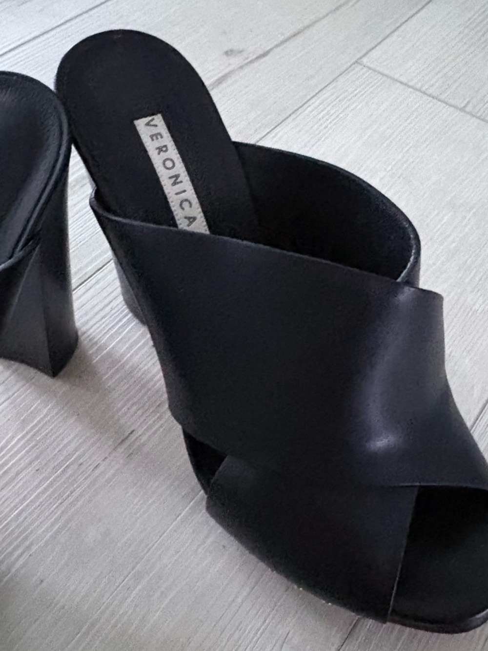 Veronica Black Leather Crossover Mule Heels